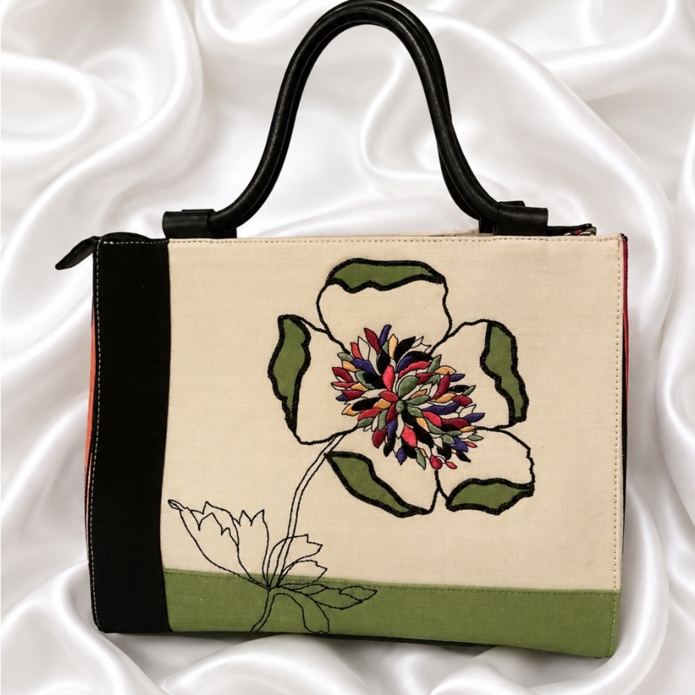 TALBOTS Embroidered Floral Canvas Tote Handbag Multicolor Flower & Black Handles